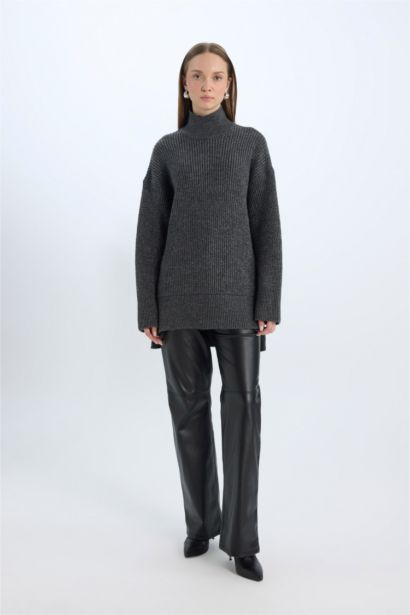 Regular Fit Balıkçı Yaka Basic Düz Triko Kazak Tunik	