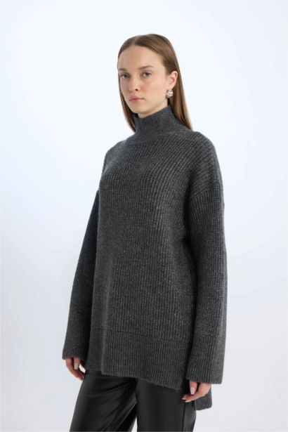 Regular Fit Balıkçı Yaka Basic Düz Triko Kazak Tunik	