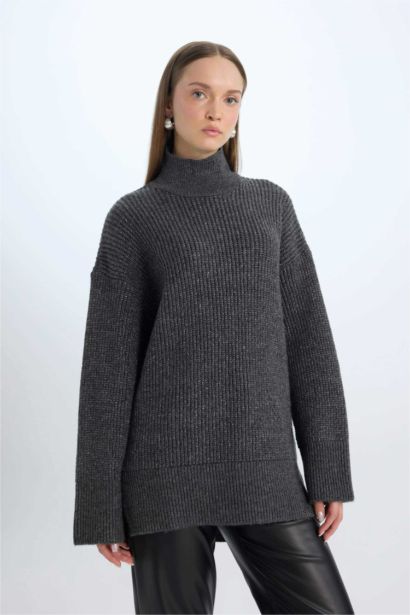 Regular Fit Balıkçı Yaka Basic Düz Triko Kazak Tunik	