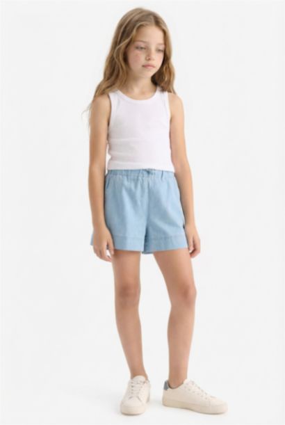 شورت جينز بناتي أزرق بخصر مطاطي