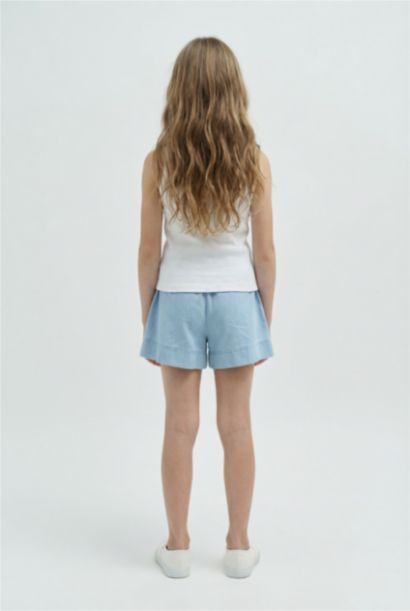 شورت جينز بناتي أزرق بخصر مطاطي