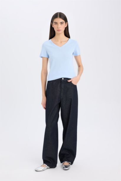 Regular Fit V-Neck Ribana Short Sleeve T-Shirt