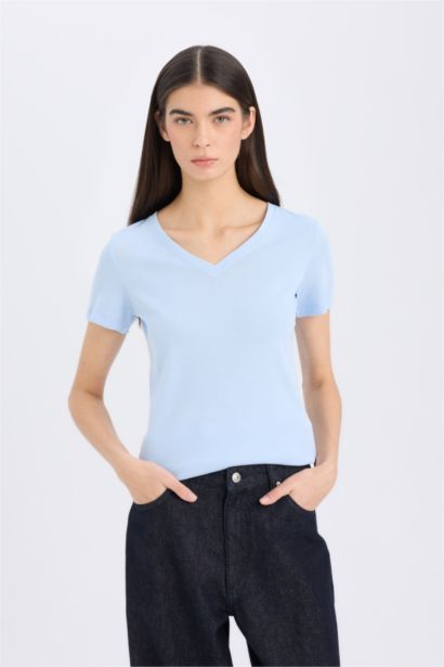 Regular Fit V-Neck Ribana Short Sleeve T-Shirt