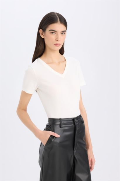 Regular Fit V-Neck Ribana Short Sleeve T-Shirt