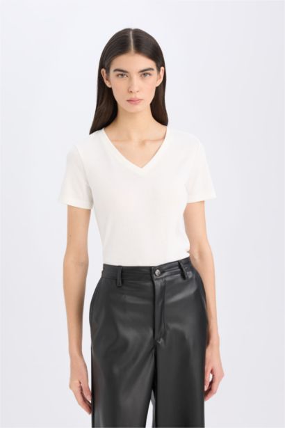 Regular Fit V-Neck Ribana Short Sleeve T-Shirt