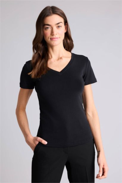 تيشيرت سادة مضلع قصة عادية بياخة V