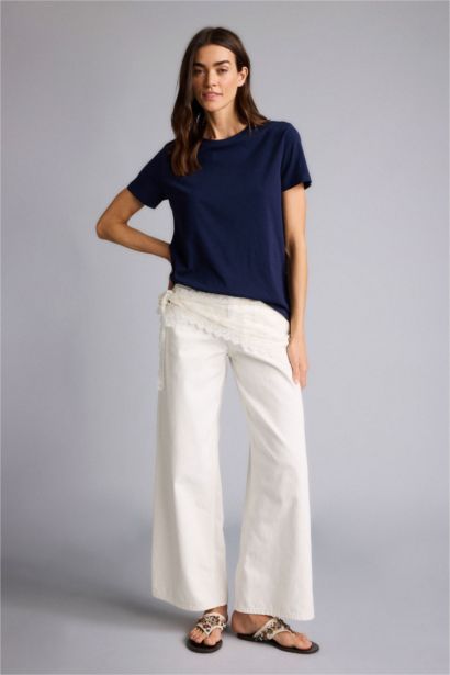 Long Fit дөңгелек жағалы негізгі тегіс трикотаж қысқа жеңді футболка