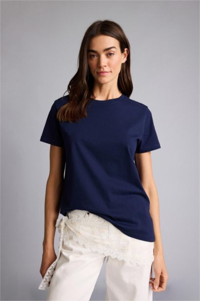 Long Fit дөңгелек жағалы негізгі тегіс трикотаж қысқа жеңді футболка