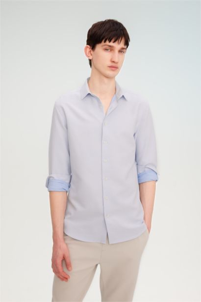 Slim Fit Polo Collar Honeycomb Textured Long Sleeve Shirt
