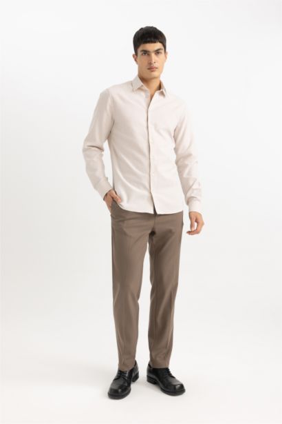 Slim Fit Polo Collar Honeycomb Textured Long Sleeve Shirt