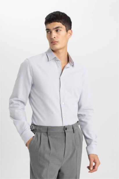 Slim Fit Polo Collar Honeycomb Textured Long Sleeve Shirt