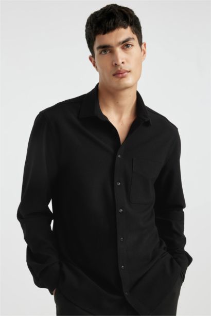 Regular Fit Polo Collar Crinkle Long Sleeve Shirt