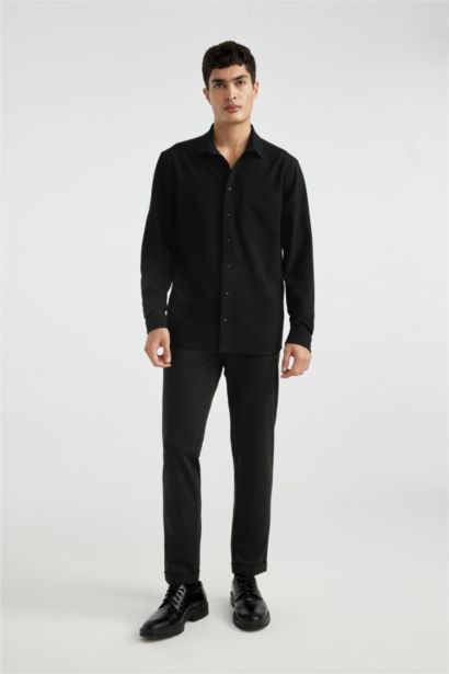 Regular Fit Polo Collar Crinkle Long Sleeve Shirt