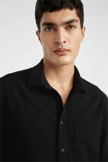 Regular Fit Polo Collar Crinkle Long Sleeve Shirt