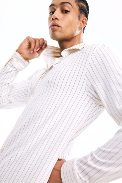 Slim Fit Dar Kesim Polo Yaka Çizgili Uzun Kollu Gömlek