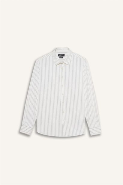 Slim Fit Dar Kesim Polo Yaka Çizgili Uzun Kollu Gömlek