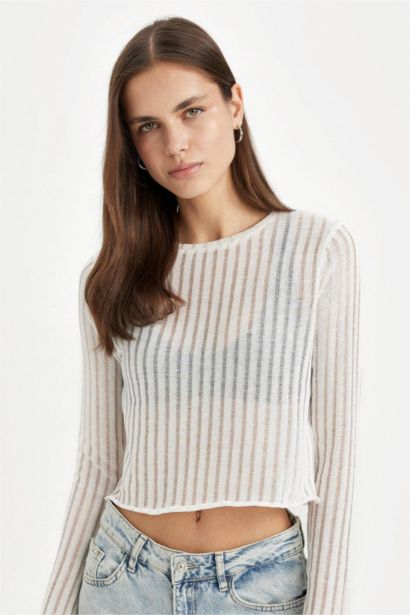 Regular Fit Bisiklet Yaka Kroşe Uzun Kollu Tişört