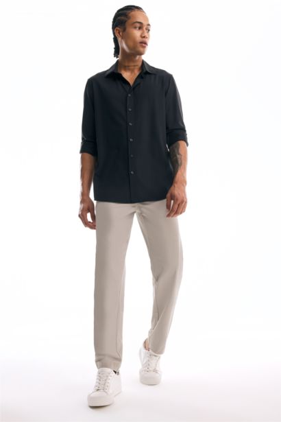 Slim Fit Dar Kesim Polo Yaka Esnek Kumaş Basic Düz Uzun Kollu Siyah Gömlek