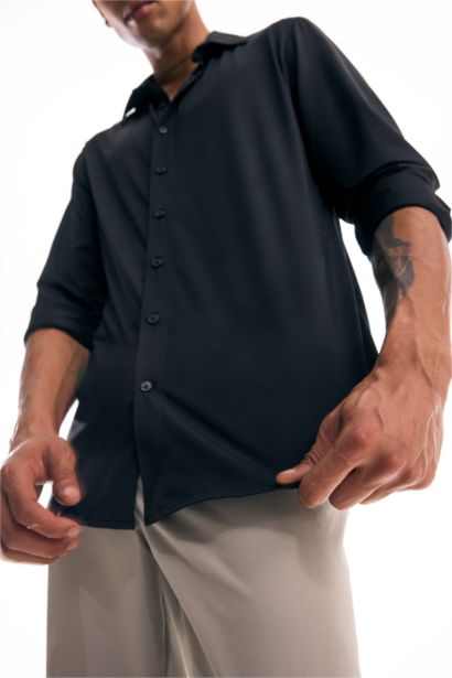 Slim Fit Dar Kesim Polo Yaka Esnek Kumaş Basic Düz Uzun Kollu Siyah Gömlek