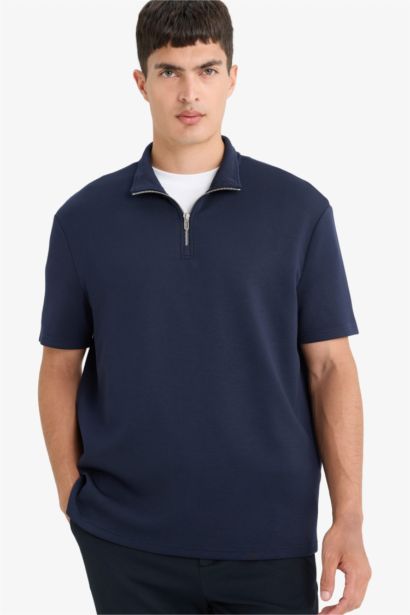 Regular Fit Dik Yaka Yarım Fermuarlı Modal Karışımlı Ağır Kumaş Kısa Kollu Tişört