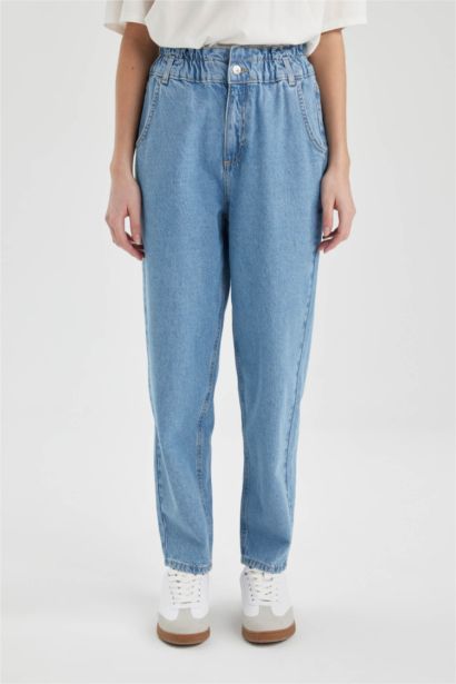 Pantalon Jean Coupe Paperbag Taille Haute Cheville