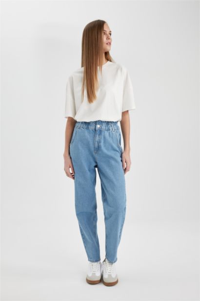 Pantalon Jean Coupe Paperbag Taille Haute Cheville