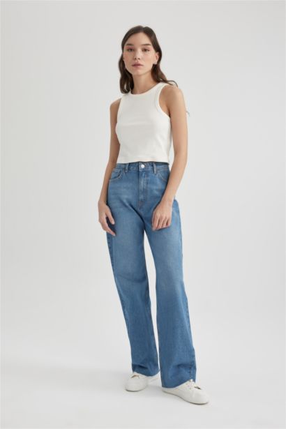 Wide Leg High Waist Cutaway Long Jeans
