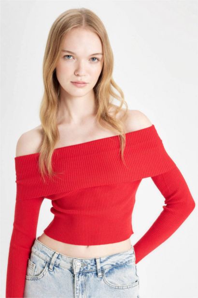 Slim Fit Dar Kesim Açık Omuz Basic Düz Triko Kazak