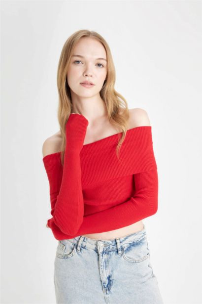 Slim Fit Dar Kesim Açık Omuz Basic Düz Triko Kazak