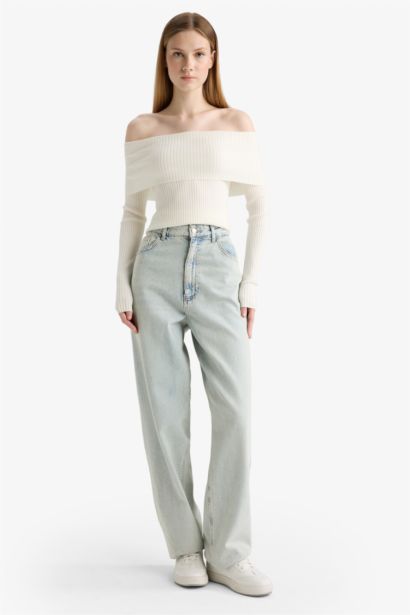 Slim Fit Dar Kesim Açık Omuz Triko Kazak