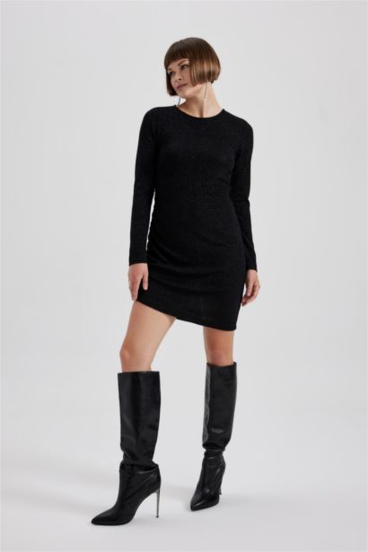 тығыз көйлек дөңгелек жаға ұзын жеңді Ұзын жеңді трикотаж көйлек