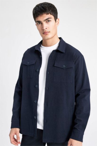 Regular Fit Polo Yaka Gofre Dokulu Gömlek Ceket