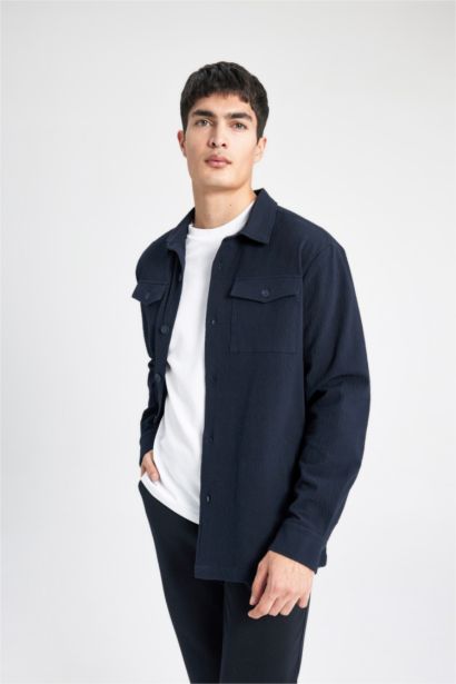 Regular Fit Polo Yaka Gofre Dokulu Gömlek Ceket