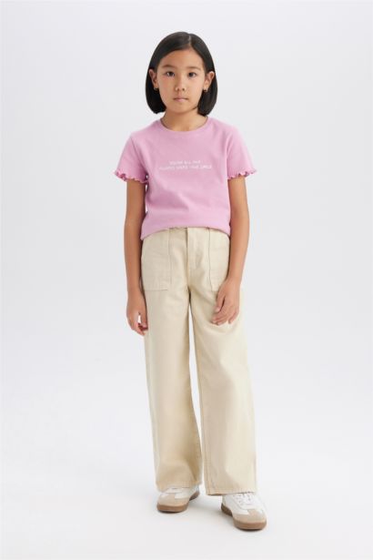 Girl Slim Fit Crew Neck Printed Ribbed Camisole T-Shirt