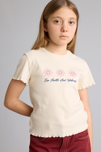 Girl Slim Fit Crew Neck Slogan Patterned Ribbed T-Shirt