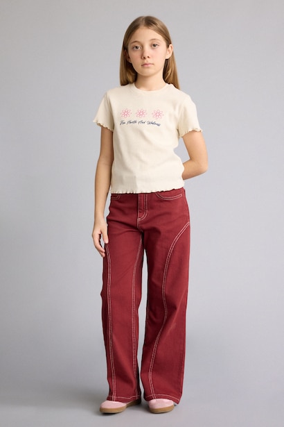 Girl Slim Fit Crew Neck Slogan Patterned Ribbed T-Shirt