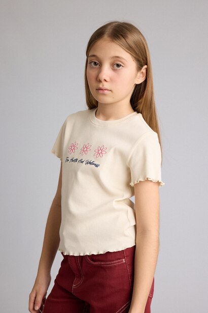 Girl Slim Fit Crew Neck Slogan Patterned Ribbed T-Shirt