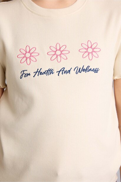 Girl Slim Fit Crew Neck Slogan Patterned Ribbed T-Shirt
