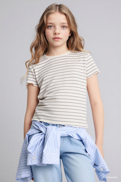 Slim Fit Baskılı Fitilli Tişört Kız Çocuk
