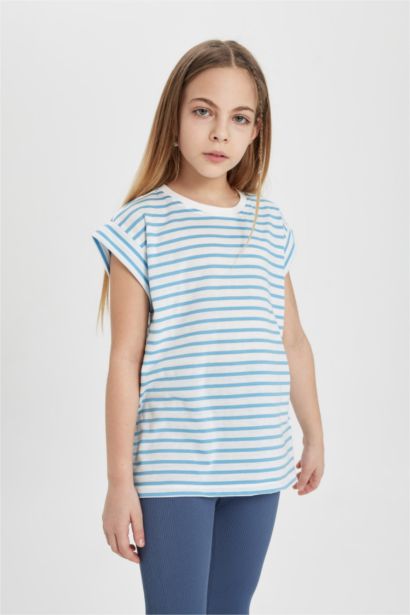 T-shirt oversize rayé à col rond et manches courtes pour fille