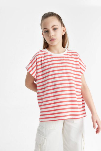 T-shirt oversize rayé à col rond et manches courtes pour fille