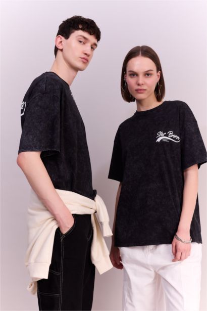 تيشيرت نص ردن اوفر سايز مطبوع بياخة مستديرة