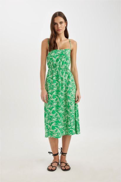 Straight Fit Square Neck Floral Sleeveless Midi Dress