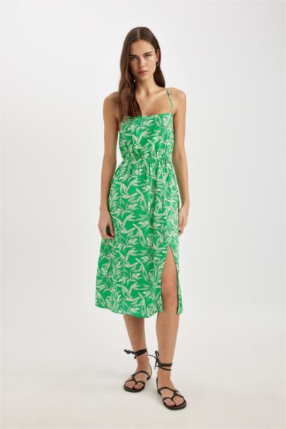 Straight Fit Square Neck Floral Sleeveless Midi Dress
