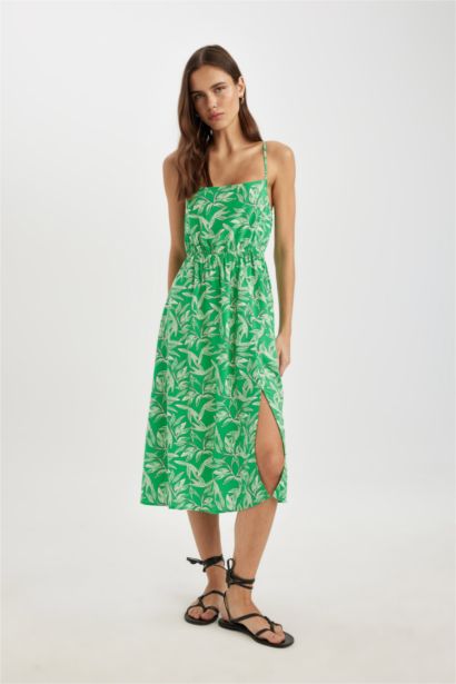 Straight Fit Square Neck Floral Sleeveless Midi Dress