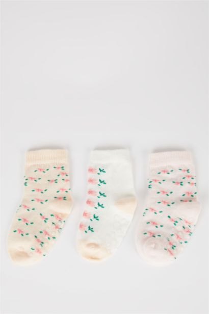 Kız Bebek Kaydırmaz Taban 3'lü Pamuklu Uzun Çorap