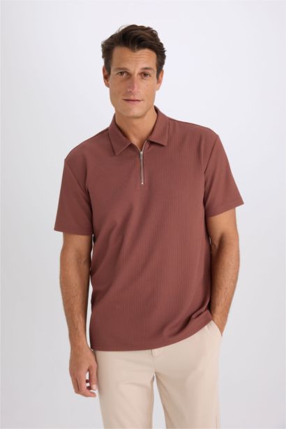 Regular Fit Half Zipper Pleated Polo T-Shirt