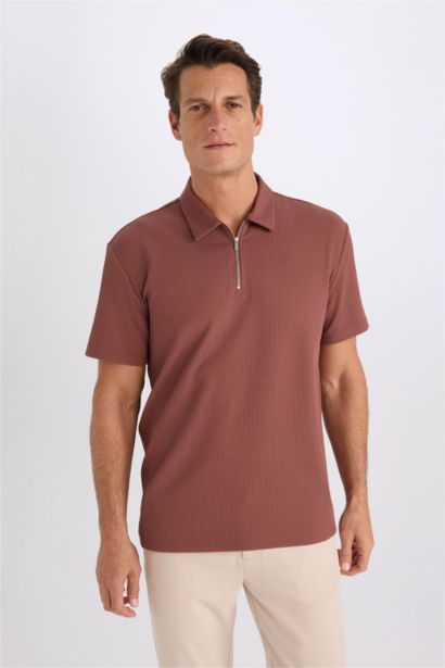 Regular Fit Half Zipper Pleated Polo T-Shirt
