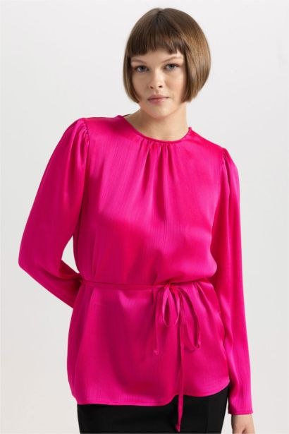 Fitted Round Neck Long Sleeve Chiffon Blouse