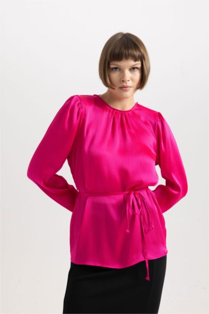 Fitted Round Neck Long Sleeve Chiffon Blouse